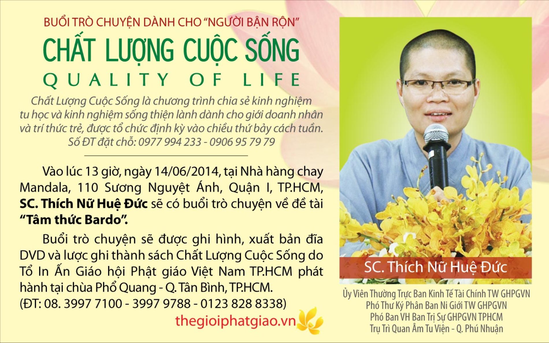 Sư cô Thích Nữ Huệ Đức sẽ có buổi thuyết giảng tại nhà hàng chay Mandala